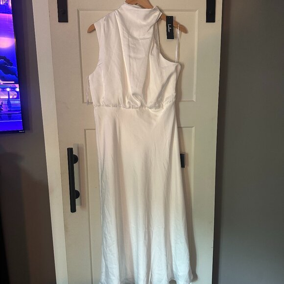 Lulus Distinctive Charm White Satin Asymmetrical Midi Dress - XL, NWT - Picture 1 of 15